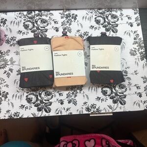 No Boundaries Fashion Tights - Black, Tan, Red Hearts